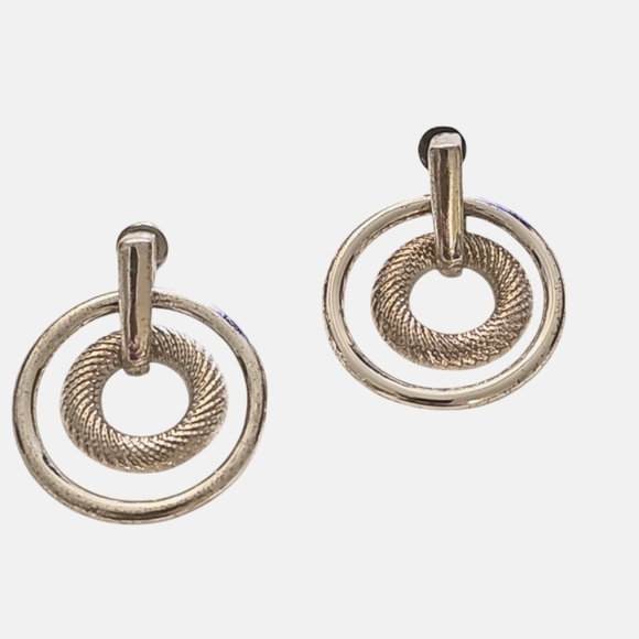 Anne Klein Door Knocker double circle Silver tone stud Earrings - Picture 1 of 5